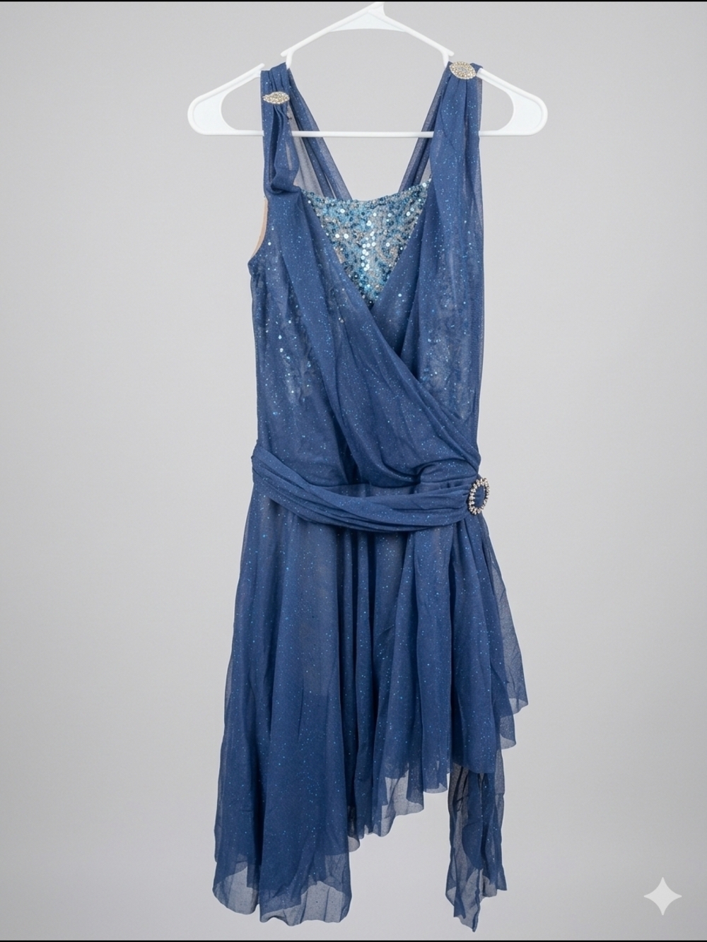 Girls Sparkle Blue High-Low Dance Costume Dress with Embellished Waist